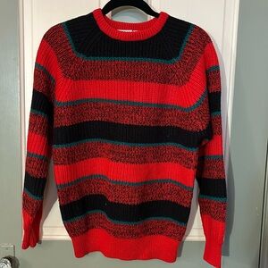 red, black, green striped sweater
